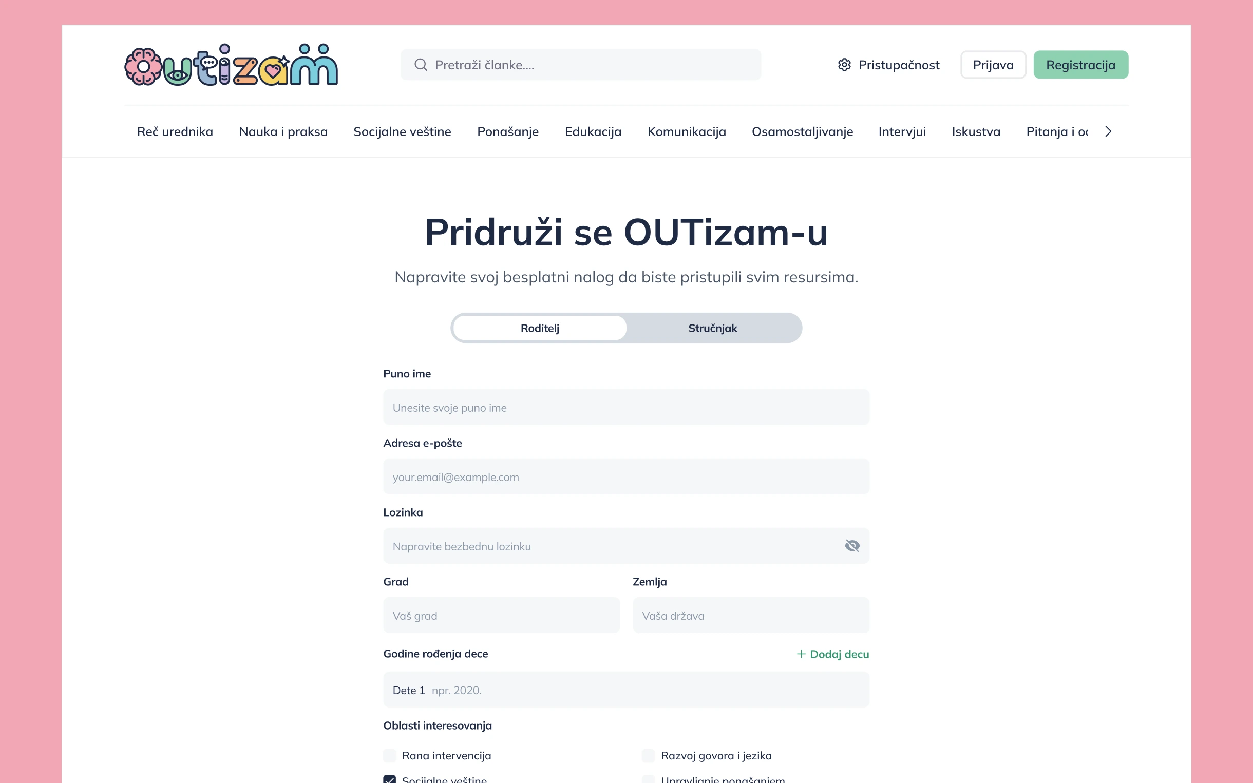 Outizam website registration form