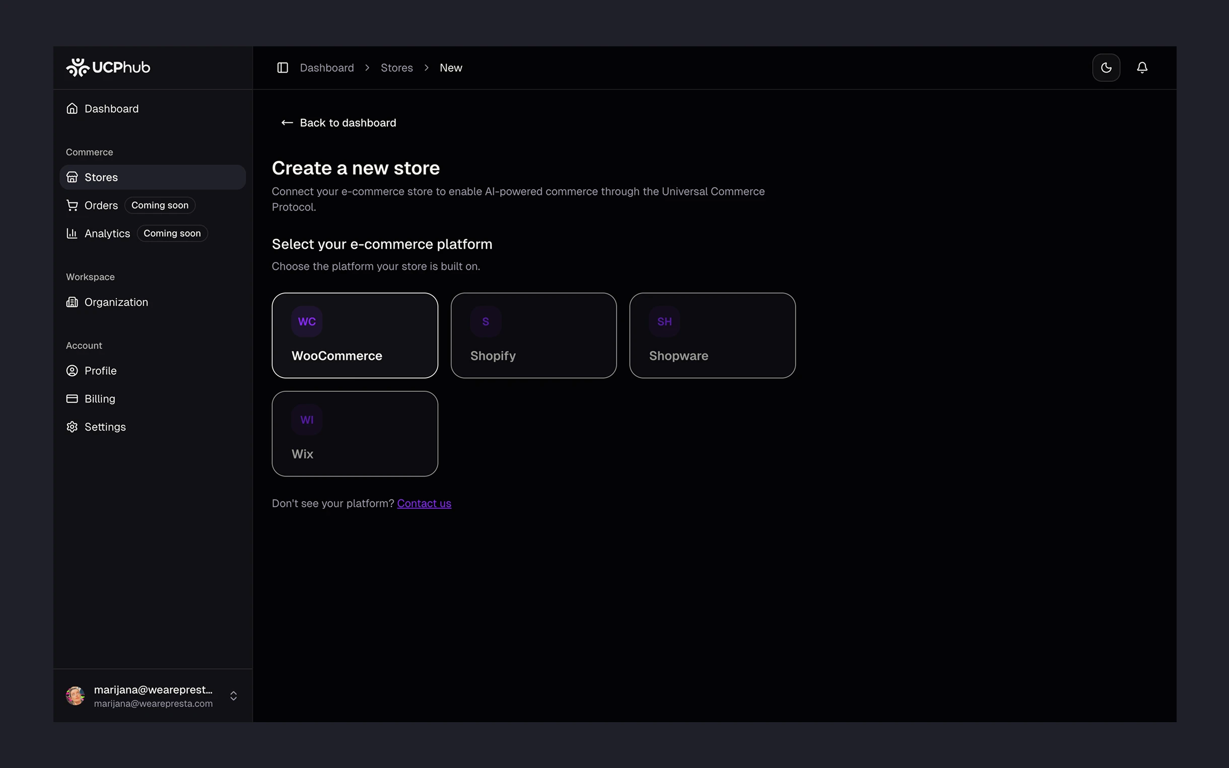 UCPhub dashboard, ecoommerce platform selection