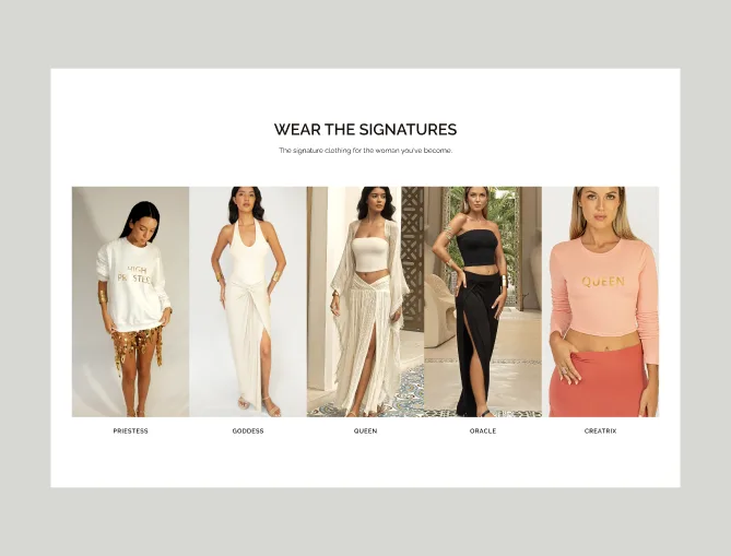 “Wear the signatures” section with the Priestess, Goddess, Queen, Oracle and Creatrix looks