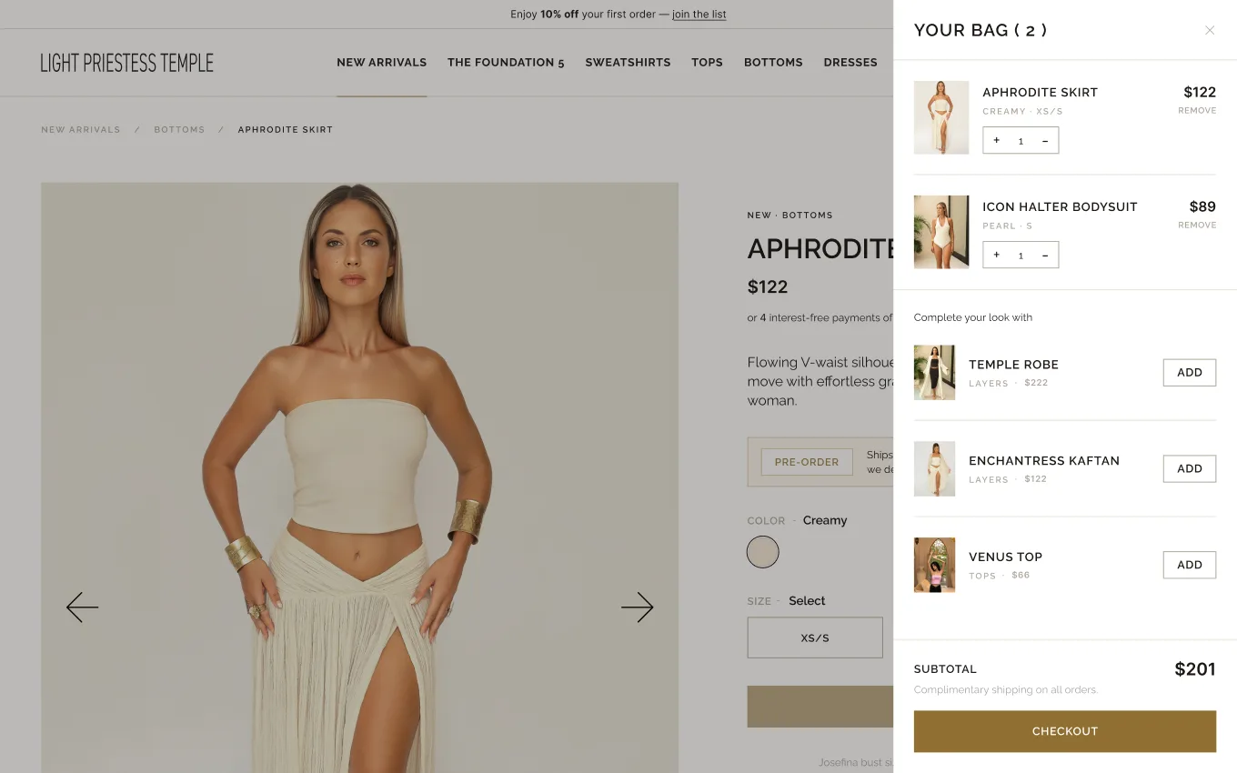 Product page with the bag drawer open: two items, suggestions and checkout