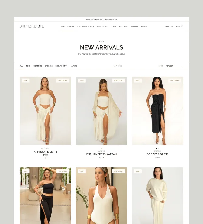 New arrivals collection page with filters and the product grid