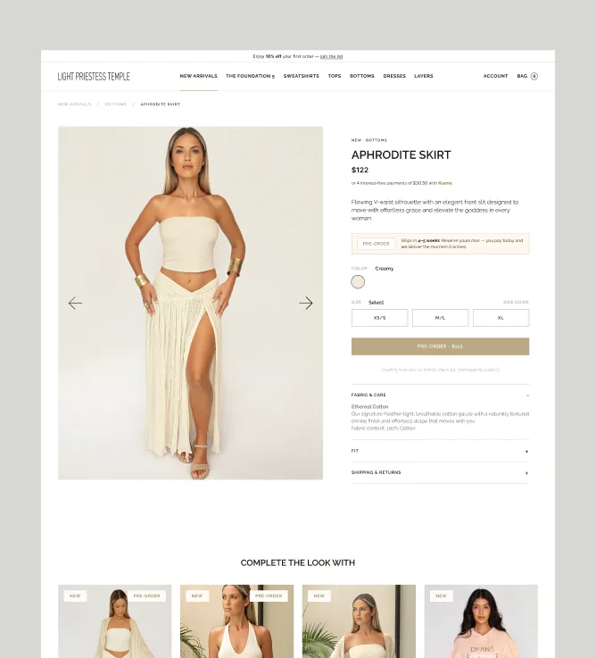 Aphrodite Skirt product page with the gallery, colour and size options, Add to bag and Complete the look