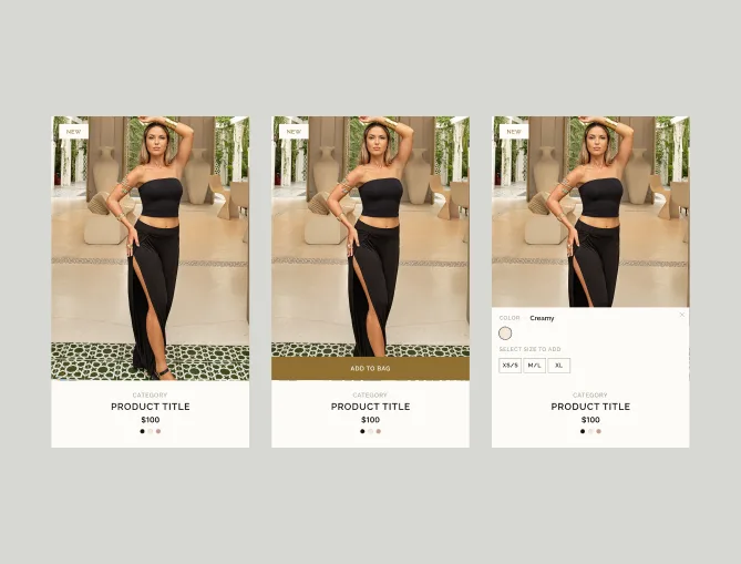 Product cards: default, on hover with Add to bag, and with the quick colour and size picker
